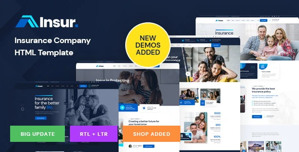Insurn insurance company HTML template homepage preview showing modern hero section with quote CTA, policy cards, and trust indicators