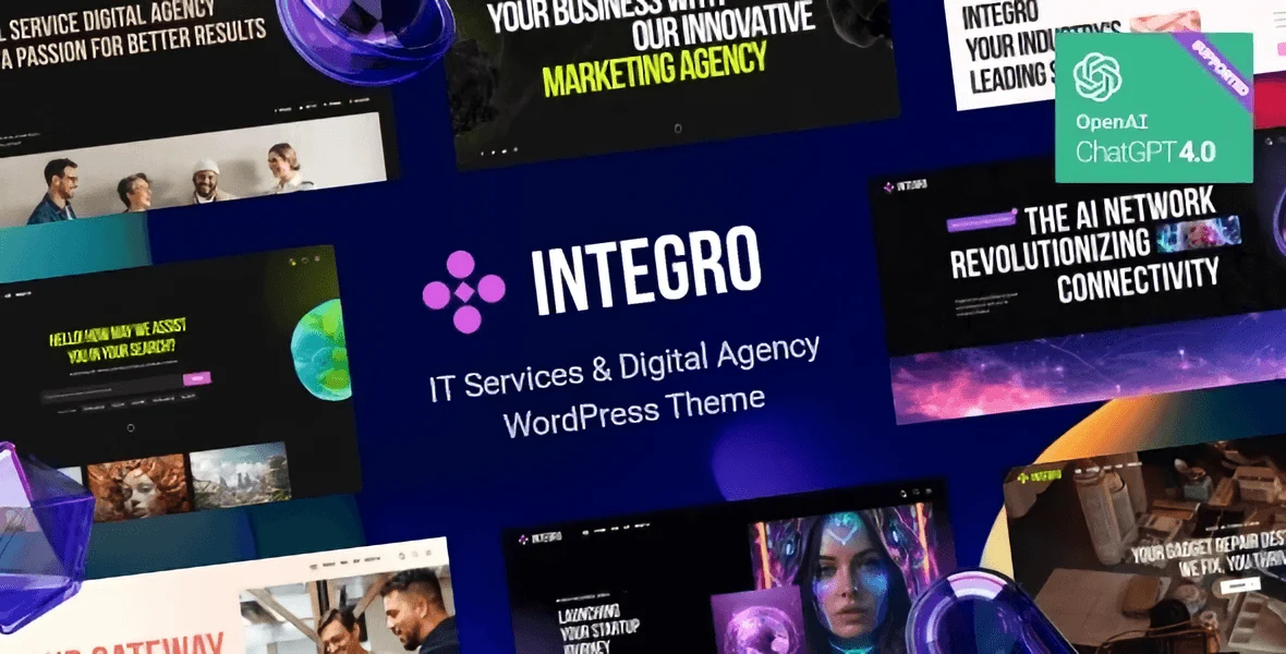 Integro WordPress theme homepage showing modern agency layout with service cards, portfolio grid, and client testimonials on desktop and mobile views