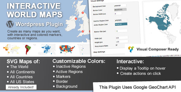 Interactive world map with colored region markers for WordPress plugin
