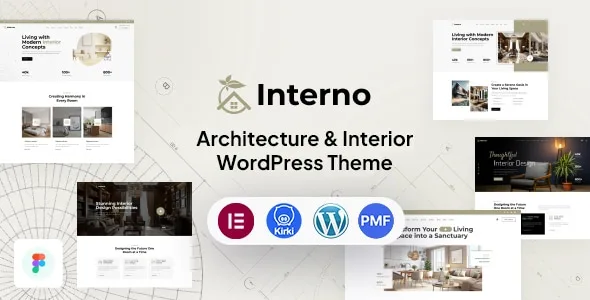 Interno WordPress theme homepage showing clean architecture portfolio layout with project grid and modern typography
