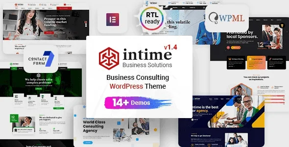 Intime business consulting WordPress theme homepage preview showing Elementor builder interface