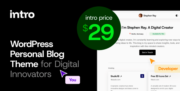 Intro personal blog WordPress theme for writers and creators with responsive modern layout