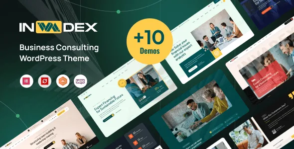 Invadex Business Consulting WordPress Theme homepage preview showing Elementor editor interface