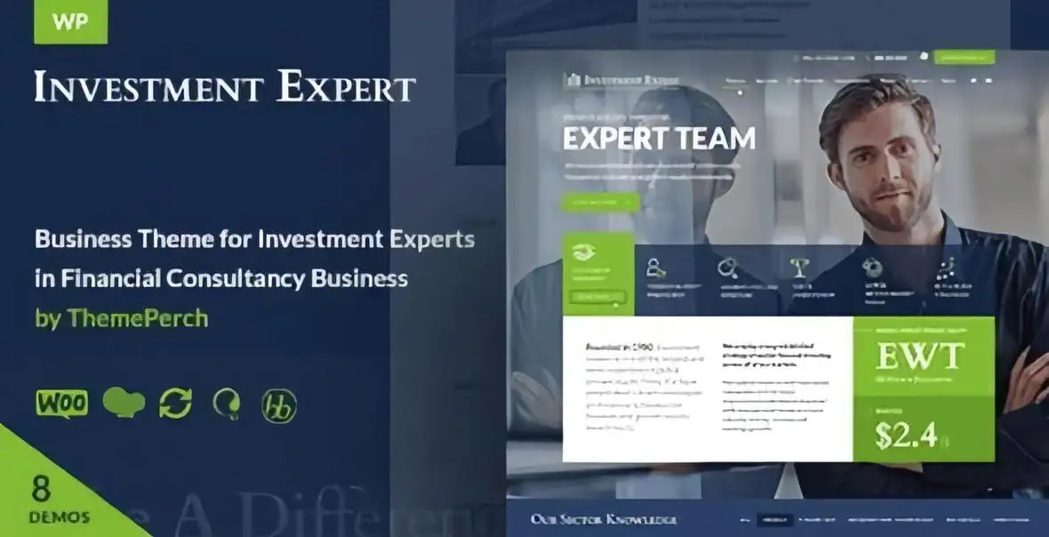 Investment corporate business and finance WordPress theme preview showcasing a clean modern corporate website layout