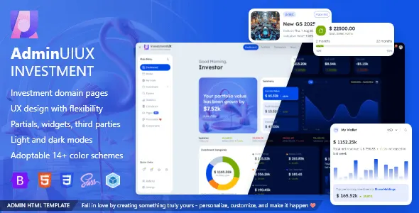 Bootstrap 5 investment admin dashboard template with finance tracking UI layout