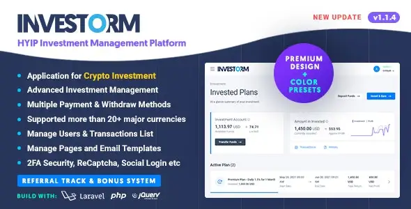 Investorm HYIP investment platform PHP script admin dashboard interface