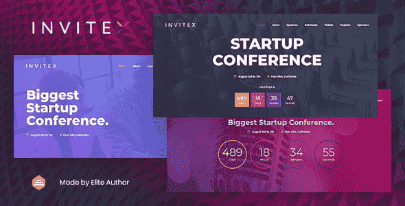 Invitex event website template preview showing conference layout with schedule, speakers, and countdown timer sections