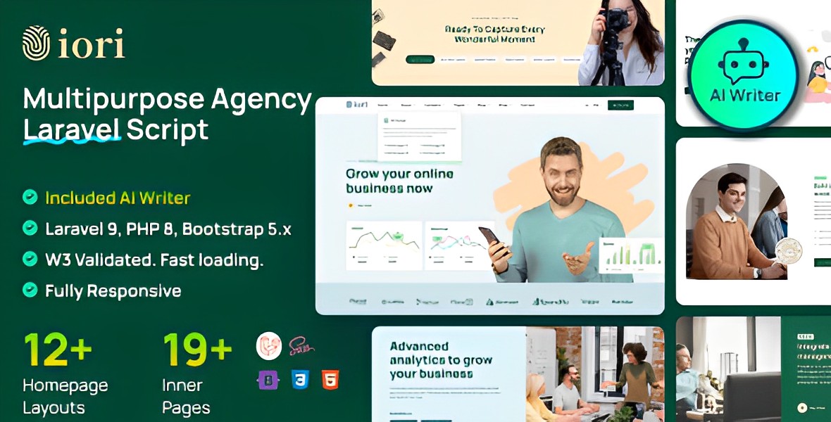 Iori business website PHP script with AI writer and shopping cart for startups and agencies