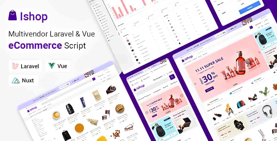 Ishop multivendor ecommerce script dashboard showing Laravel Vue marketplace admin panel