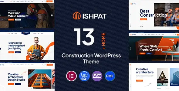 Ishpat construction WordPress theme homepage preview showing modern layout for builders and contractors