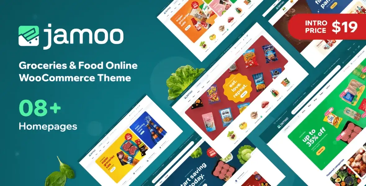 Jamoo grocery WooCommerce theme homepage layout on desktop
