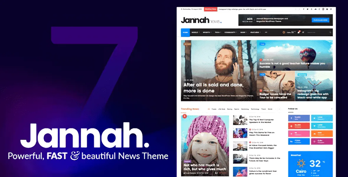 Jannah News WordPress theme homepage showing news magazine layout with featured articles, category mega menu, and mobile responsive design