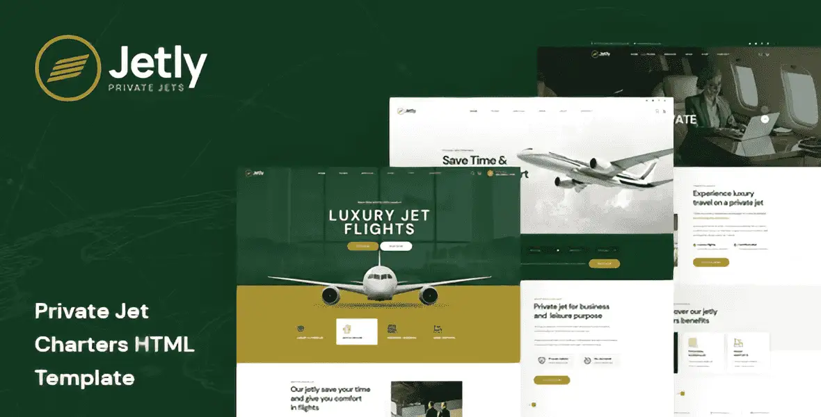 Jetly private jet charter HTML template preview showcasing a modern aviation website layout