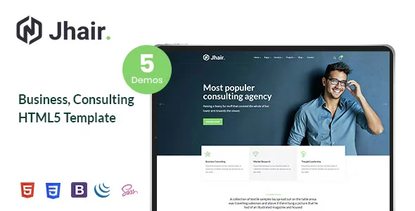 Jhair business and consulting HTML5 template preview showing modern corporate website layout