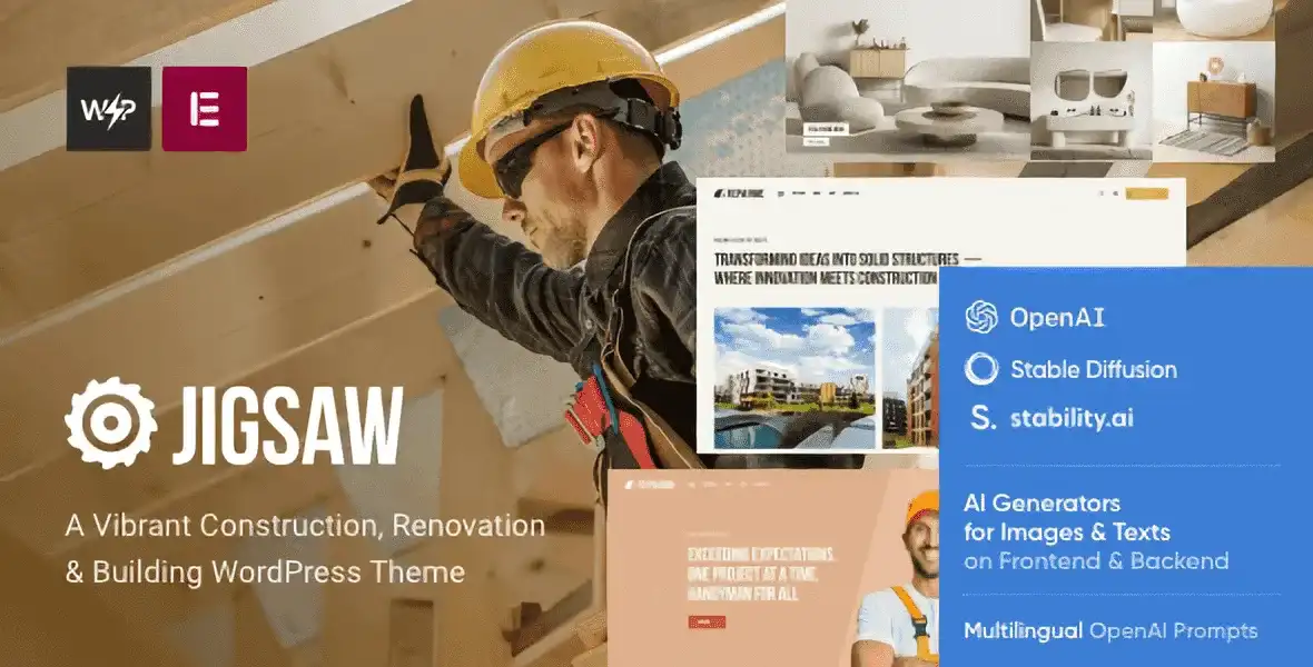 Jigsaw WordPress theme homepage showing construction services, team profiles, and project portfolio with modern colorful design