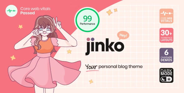 Jinko personal blog WordPress theme preview showing a clean, responsive blog layout