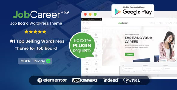 JobCareer WordPress theme homepage showing job listings, search filters, and employer dashboard preview