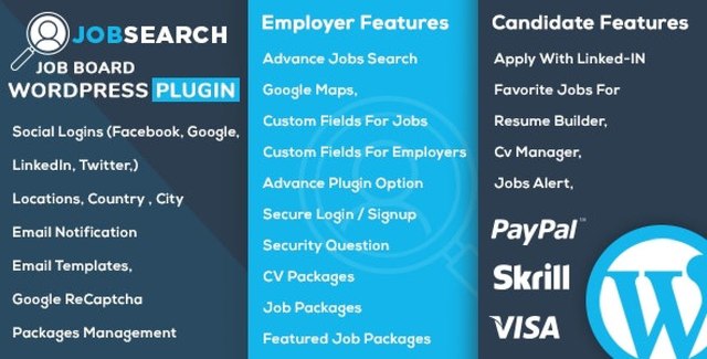 JobSearch WP Job Board WordPress Plugin interface showing job listings and dashboard