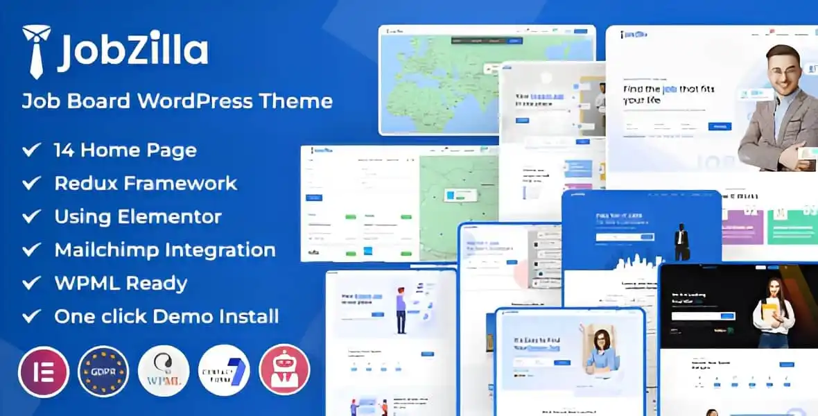 JobZilla job board WordPress theme with Elementor page builder integration and responsive design