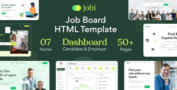Jobi responsive job board HTML template preview showing modern recruitment platform layout with search and company profiles
