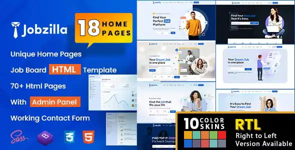 Jobzilla job board HTML template dashboard preview showing job listings and user management panels