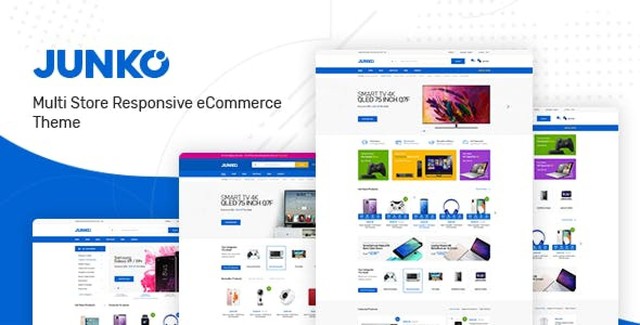 Junko technology WooCommerce theme homepage showing electronics store layout with mega menu and product carousel
