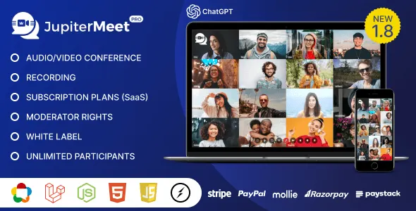 JupiterMeet Pro white label video conferencing dashboard showing branded meeting room with video grid, whiteboard, and chat