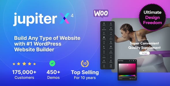 JupiterX Elementor WordPress theme dashboard showing visual header builder, global customizer, and WooCommerce store customizer panels
