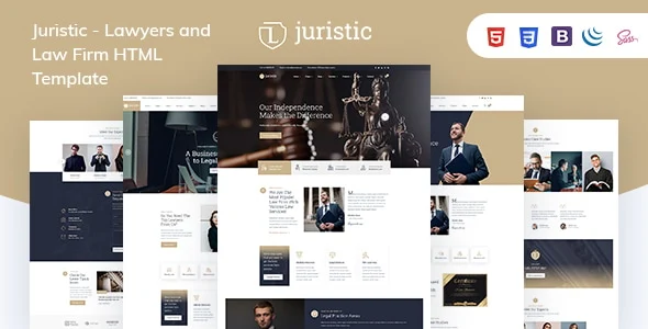 Juristic law firm HTML template homepage preview showing professional legal design with practice areas and attorney profiles