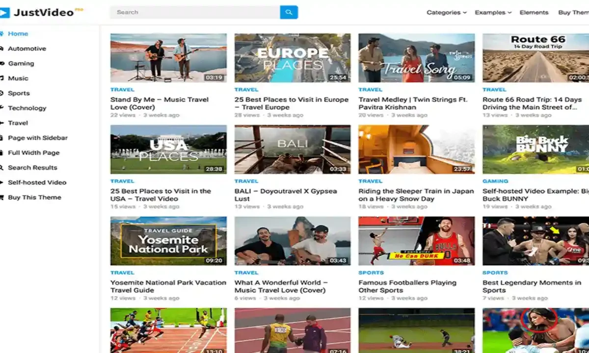 JustVideo Pro responsive WordPress video theme preview showing a clean video sharing website layout