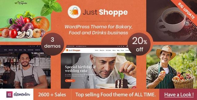 Justshoppe cake bakery WordPress theme showcasing a beautiful online bakery store with Elementor page builder and WooCommerce integration