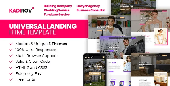 Kadiro 5-page responsive Bootstrap landing page template preview showing business website layouts