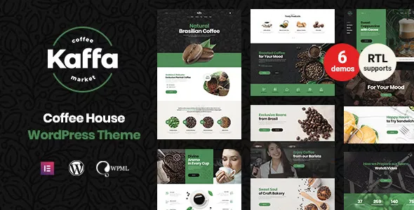Kaffa coffee shop WordPress theme preview showcasing cafe website homepage layout