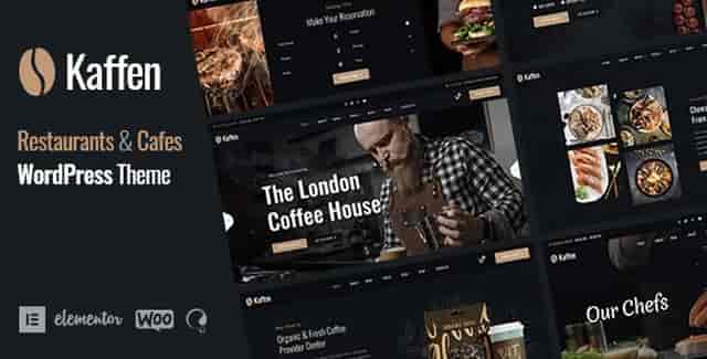 Kaffen coffee shop WordPress theme screenshot showing restaurant website layout