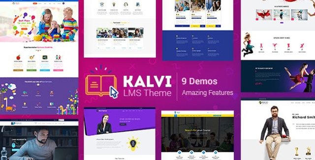 Kalvi LMS education WordPress theme preview showing course management and student dashboard