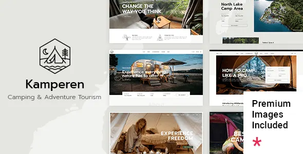 Kamperen WordPress theme homepage showing campground layout with site listings, photo gallery, and booking call-to-action