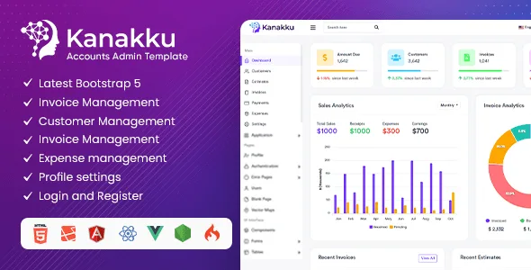 Kanakku admin dashboard template with RTL support for sales and accounts management
