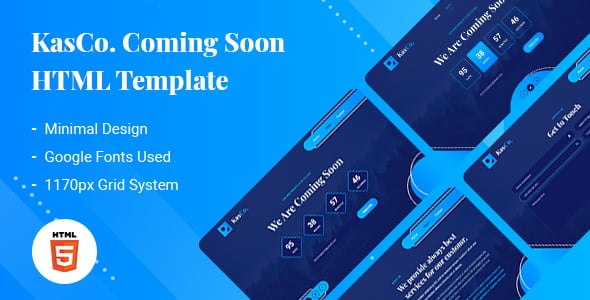 KasCo creative coming soon HTML5 template preview showing modern pre-launch page design with About Us and email capture sections