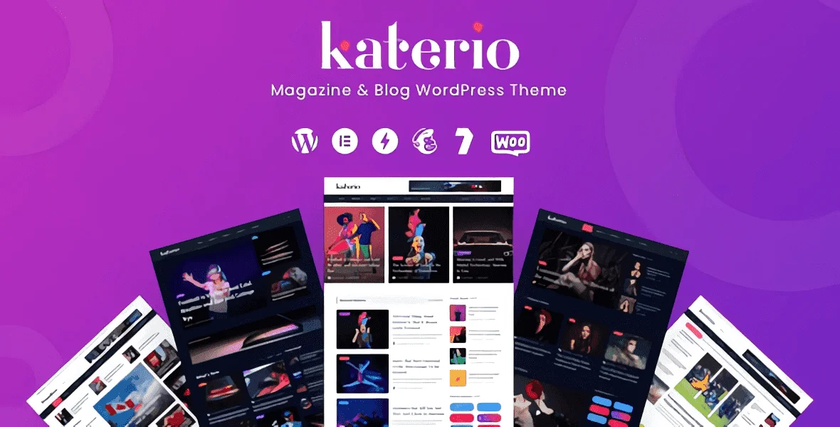 Katerio WordPress magazine and blog theme preview with Elementor drag-and-drop layout builder