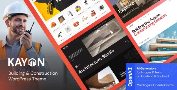 Kayon construction WordPress theme homepage demo preview showing building company website layout with Elementor