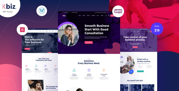 Kbiz business and corporate WordPress theme showcasing modern website design with Elementor page builder