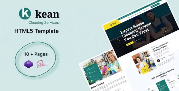 Kean cleaning services HTML5 template preview showing responsive Bootstrap 4 layout with Elementor PRO support