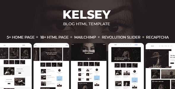 Kelsey creative personal blog HTML template homepage preview showing modern lifestyle blog layout