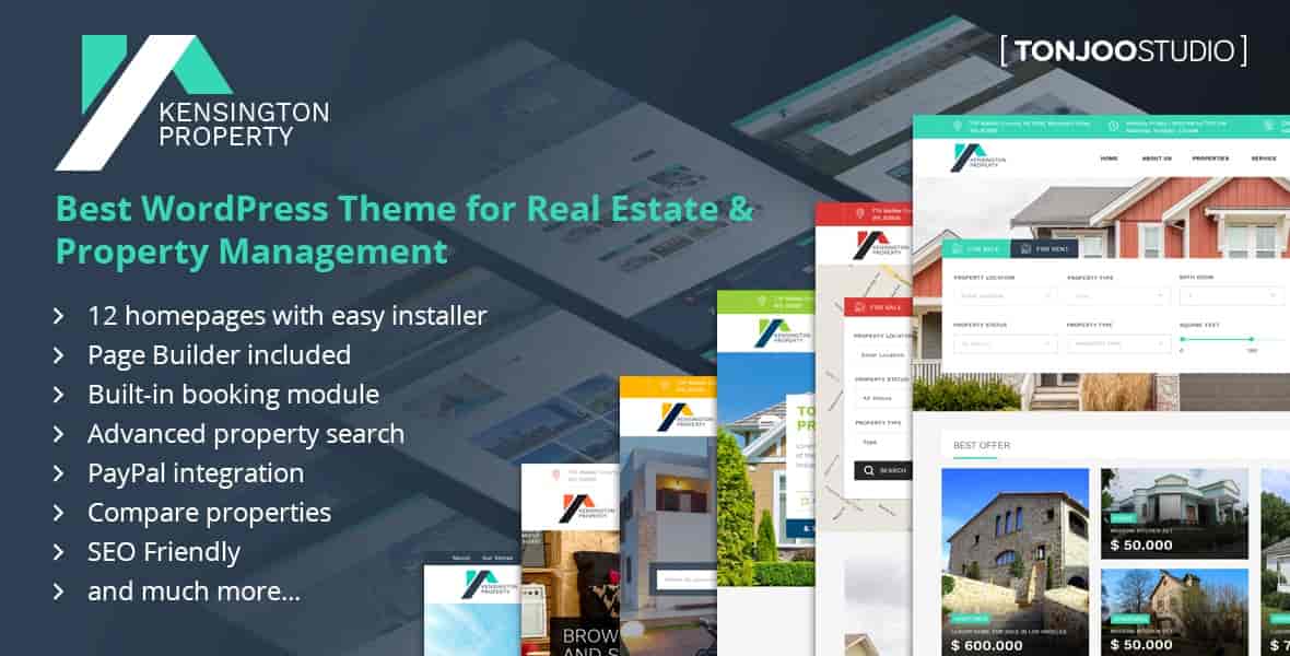 Kensington real estate WordPress theme preview with property listing and booking layout