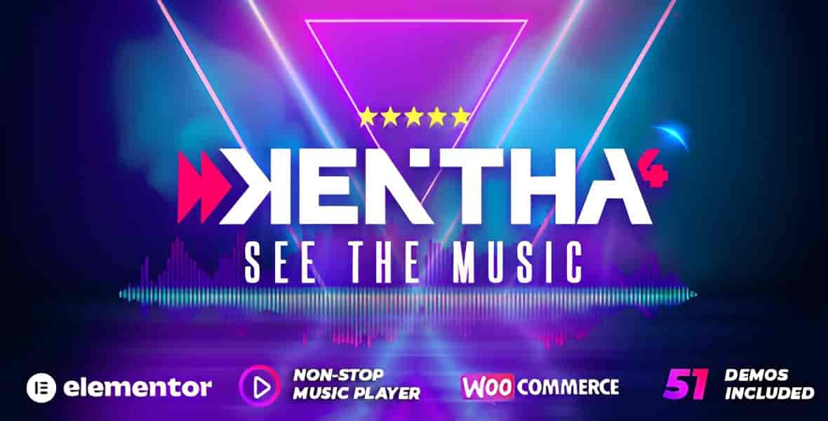 Kentha music WordPress theme featuring a real-time audio visualizer for DJs, bands, and record labels