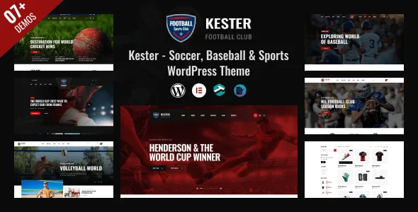 Kester sports WordPress theme homepage layout featuring a modern soccer club design with bold typography