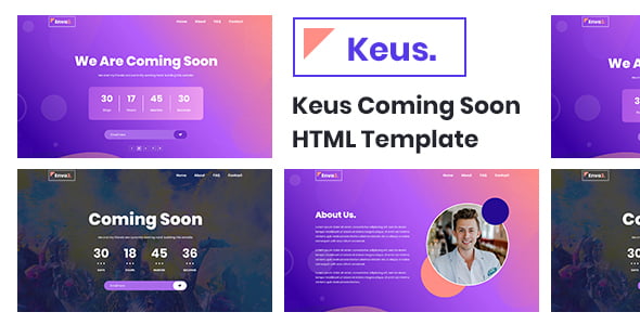 Keus coming soon HTML5 template preview showing creative pre-launch page design with About and Contact sections