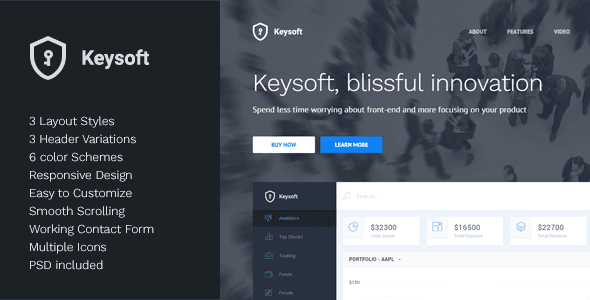 KeySoft responsive software landing page HTML template showing layout and color customization options