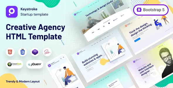 Keystroke Bootstrap 5 creative agency HTML template preview showing responsive multi-page layout