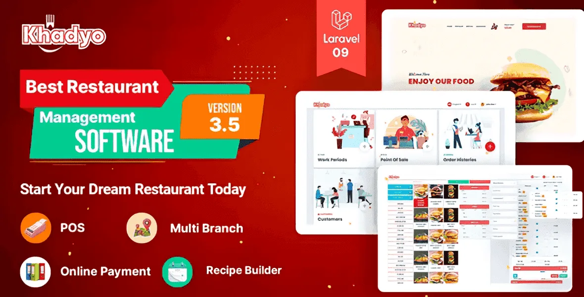 Khadyo restaurant management software interface with POS and online ordering features